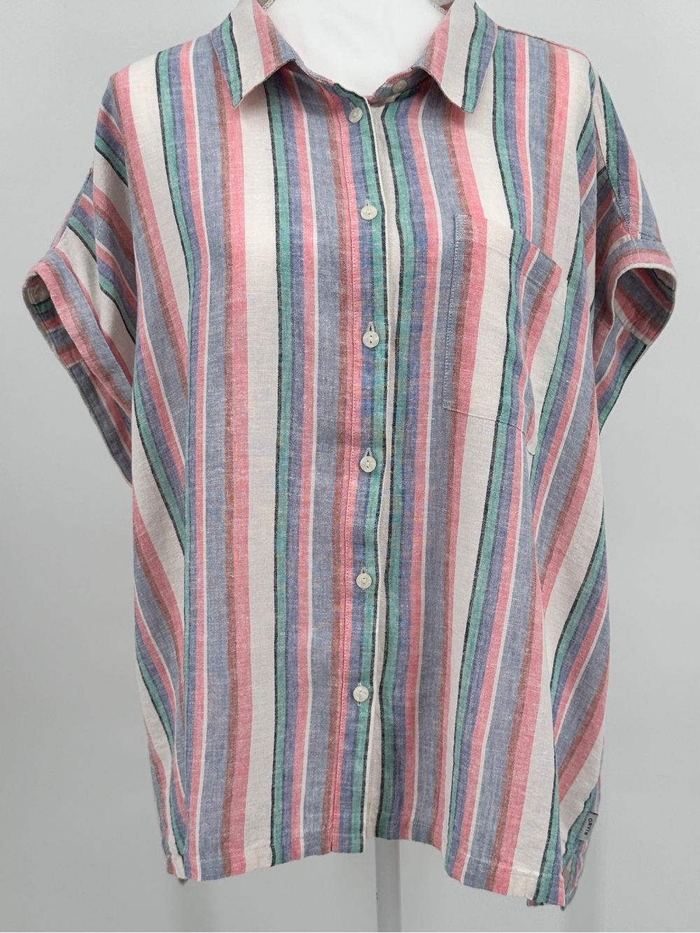 Orvis Linen Blend Striped Button Front Top XXL Pink Blue Dolman Sleeve Coastal - Picture 2 of 10